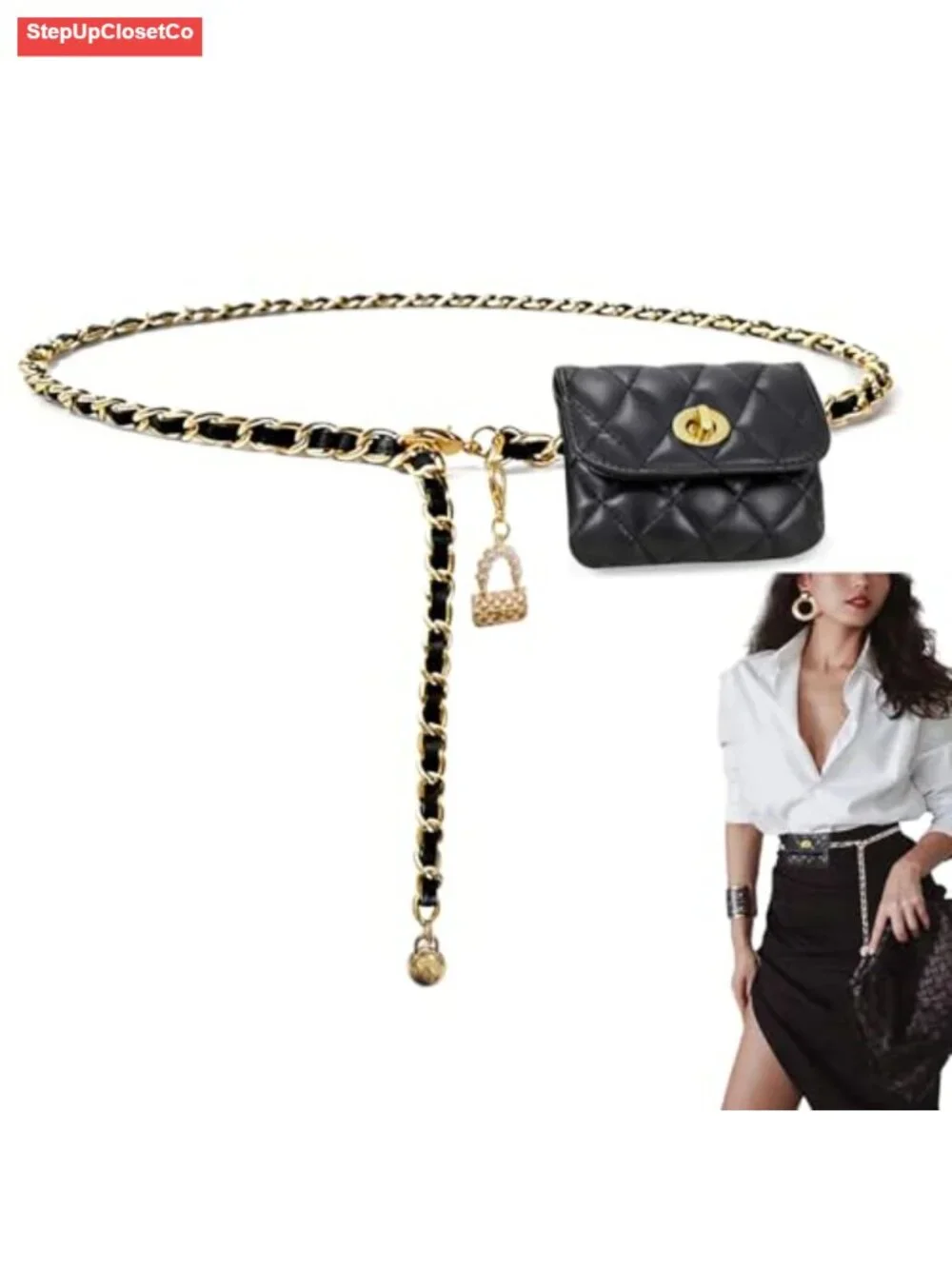 Women's Chain Belt with Detachable Pouch, Metal & PU Leather Braided Waist